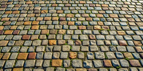Fototapeta premium Cobblestone Pathway with Interstitial Vegetation A Textured Surface Featuring Irregularly Shaped Stones in Varied Hues