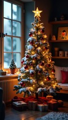 Obraz premium Snowy Christmas tree with ornaments and lights in a cozy room, decorations, christmas