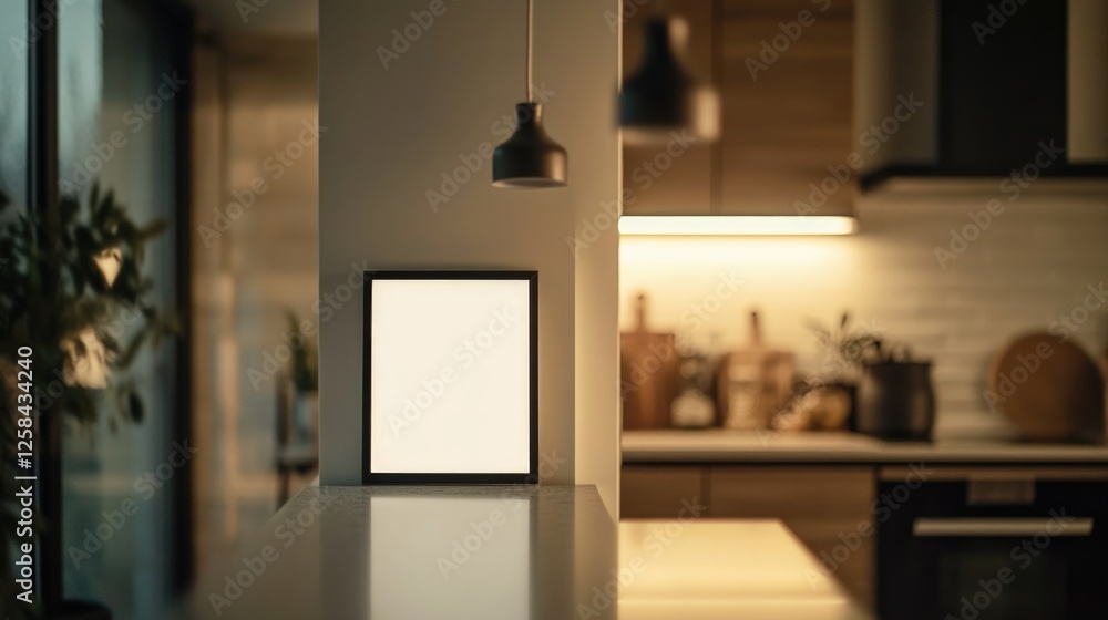 Poster a simple picture frame sits on a kitchen counter, ready for use