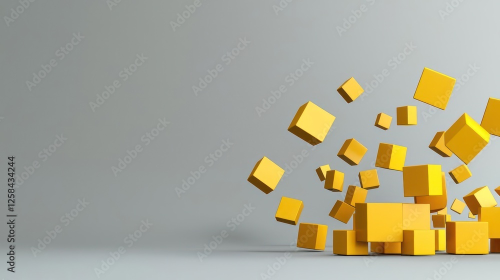 Poster abstract 3d rendering of yellow cubes on grey background