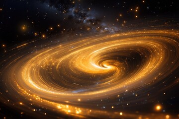 A golden light swirls in the dark space, against a starry sky background, with glowing particles and glittering dust. The long exposure creates an ethereal atmosphere, with light dots scattered all ov
