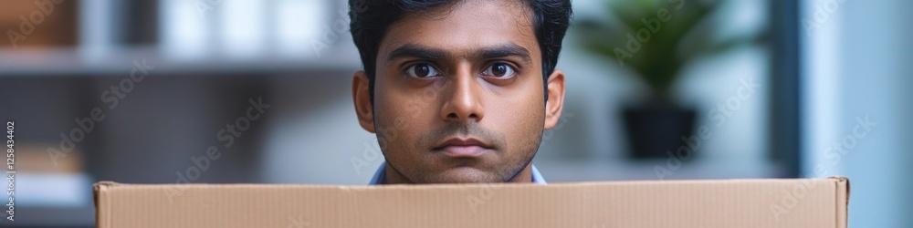 Poster a person standing with a box in front, possibly preparing for transportation or storage