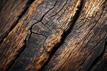 Close-up of dark brown aged wood grain texture with deep cracks and lines, showing natural wood patterns and details.