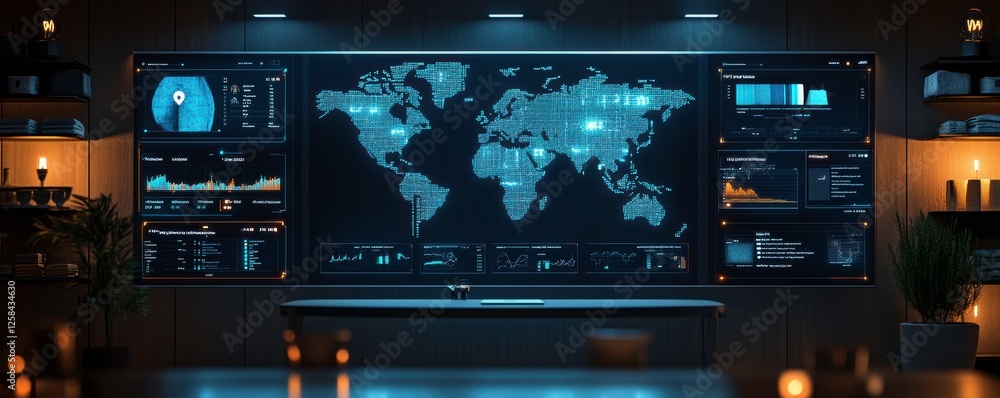 Poster a high-tech control room features a detailed world map on a digital screen, surrounded by data analy