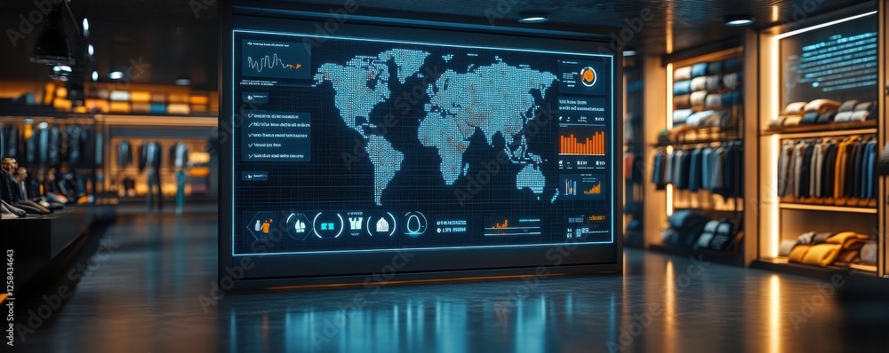 Poster a modern, sleek display shows a world map with data analytics, surrounded by shelves of neatly arran