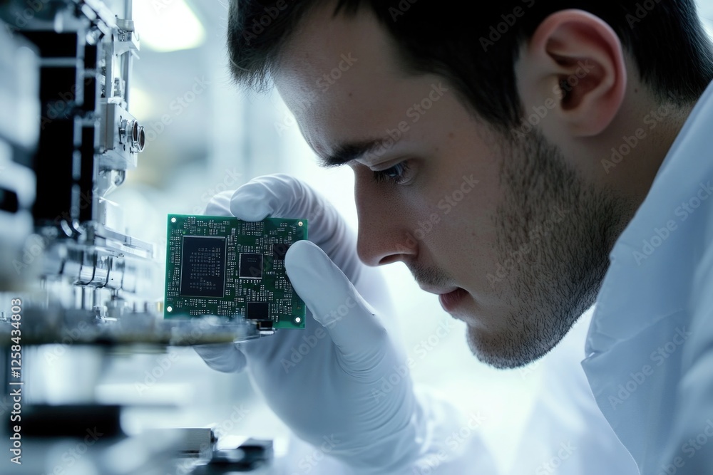 Poster A person examining an electronic circuit board in a professional setting