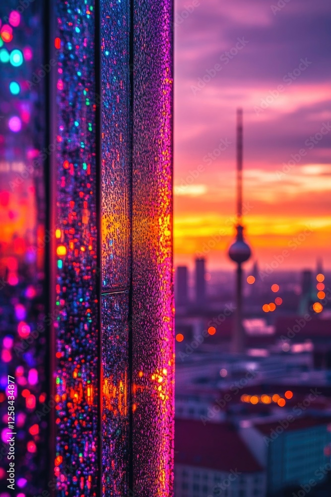 Poster a view of a city skyline at sunset from a window with a warm glow