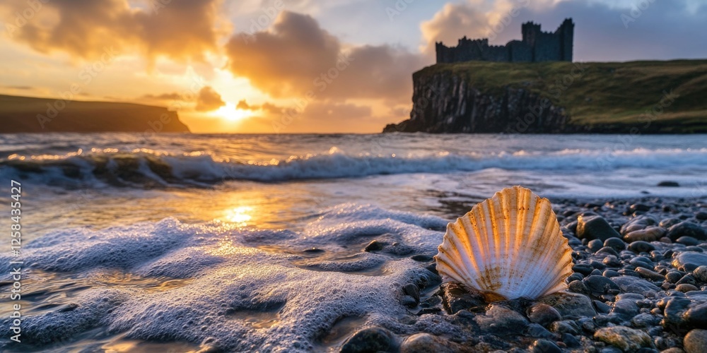 Poster Coastal landscape with a shell and a castle in the distance