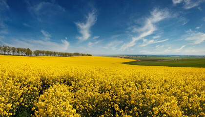 Obraz premium yellow rapeseed area towards blue sky history blooming canola plant life