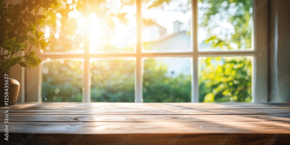 Poster a wooden table positioned in front of a window, suitable for use as a decorative piece or as part of