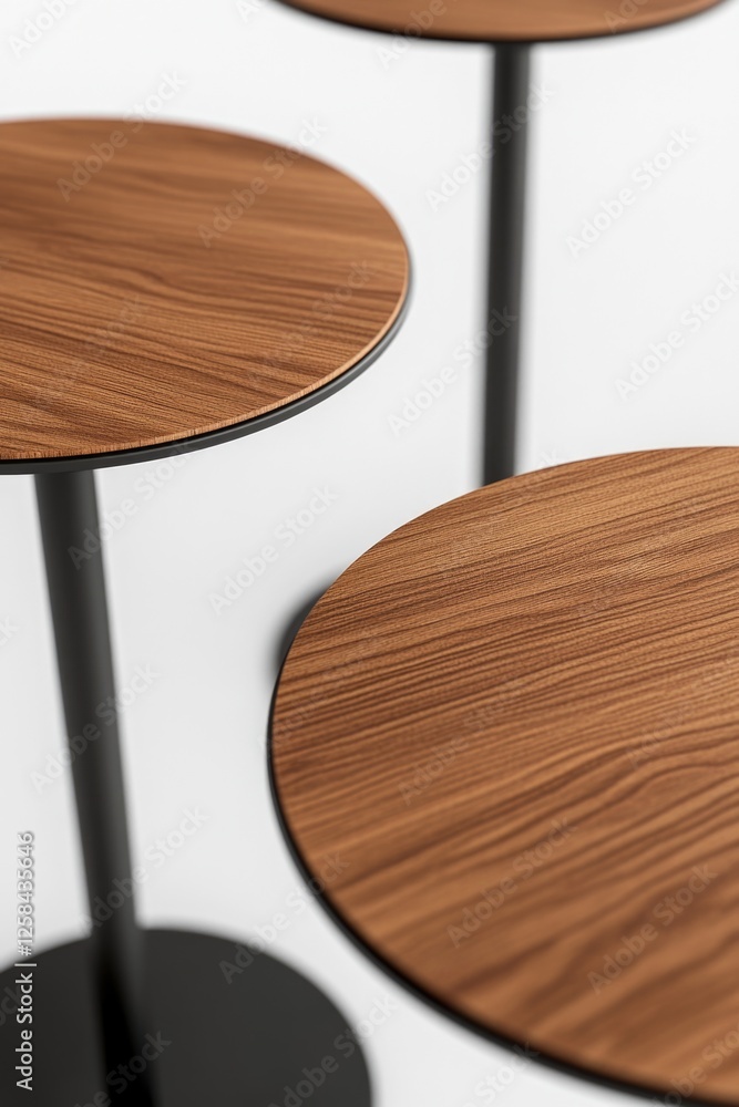 Poster three wooden tables with black bases placed on a white surface