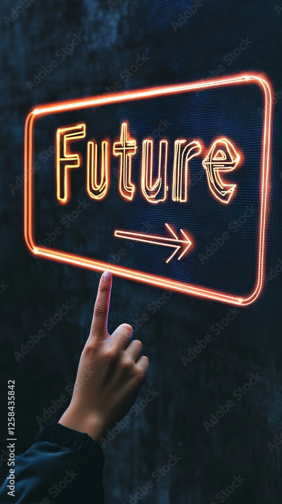 Poster Hand is pointing towards a neon sign displaying the word future with an arrow, symbolizing the act of choosing a direction and embracing opportunities in time