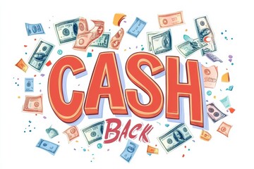 Vector illustration of a cash back emblem featuring design elements and currency