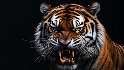 Majestic Roaring Tiger with Striking Features, A fierce tiger with vibrant stripes and an intense expression, perfect for wildlife enthusiasts and art projects.