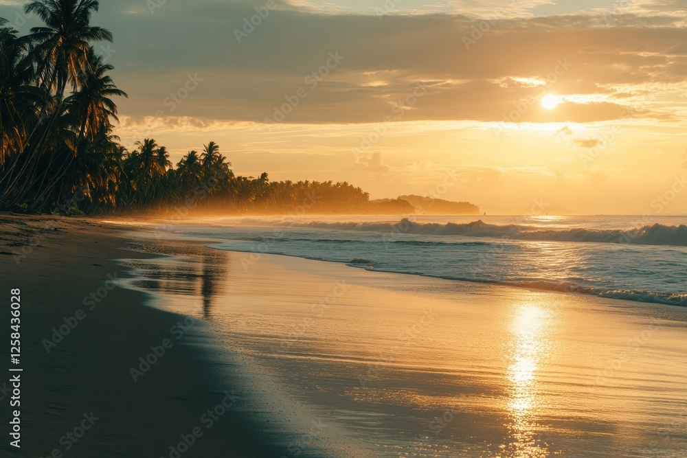 Aufkleber Golden sunset reflecting on calm ocean waves along a serene beach with palm trees in the background. Generative AI