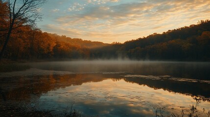 Fototapeta premium Serene autumn sunrise over misty lake reflecting colorful foliage.