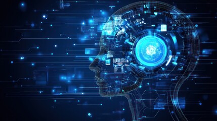 AI head with digital circuits and data streams.