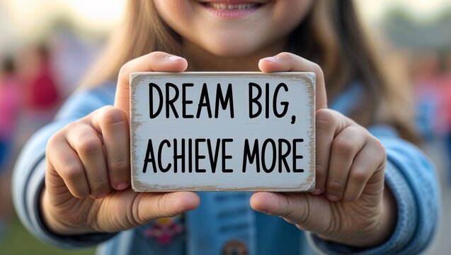 Girl holding a sign that says "Dream Big, Achieve More," promoting motivation and empowerment for a bright future