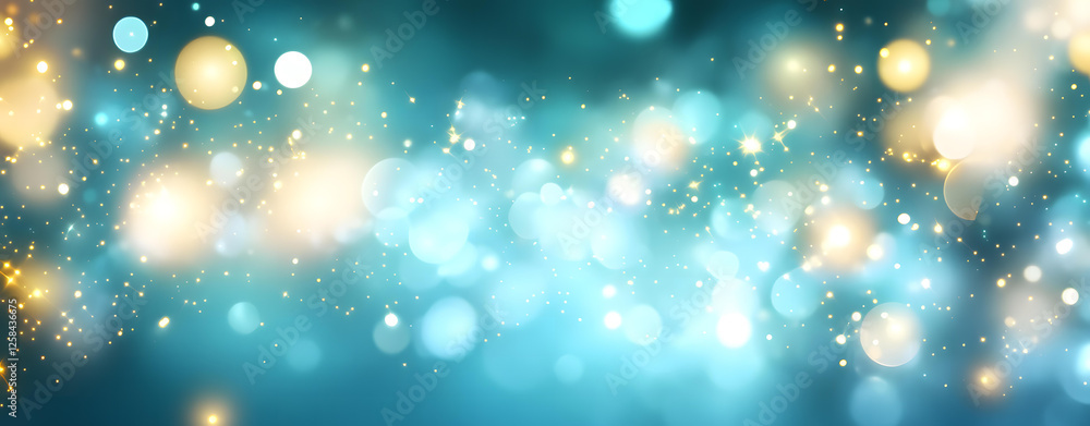 Poster abstract teal and gold bokeh background with sparkling lights and glowing particles
