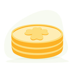 Clip art of St. Patricks Day stack of golden coins with lucky clover on isolated background. Hand drawn design for St. Paddy day celebration, party decoration, scrapbooking, textile, home decor.