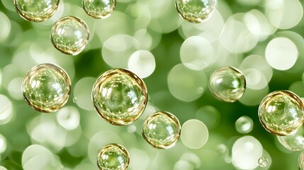 Fototapeta premium Bubbles Floating in Soft Green Background with Light Reflections