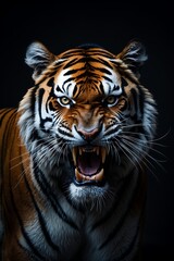 Fototapeta premium Majestic Roaring Tiger with Striking Features, A fierce tiger with vibrant stripes and an intense expression, perfect for wildlife enthusiasts and art projects.