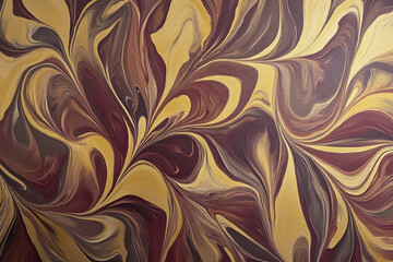 Swirling metallic paint patterns in shades of bronze, gold, and deep burgundy, forming intricate marbled textures.