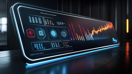 A sleek, illuminated digital chart showing the yearly business goals broken down by quarter, with each section represented by a holographic icon for key performance indicators