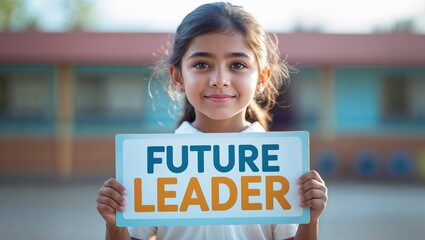 Girl holding "Future Leader" poster, showcasing empowerment and potential for leadership