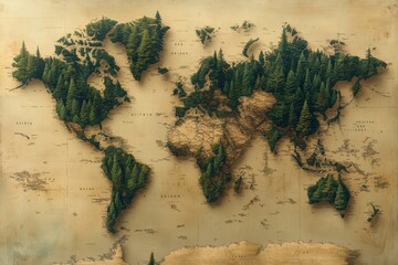 Intricate world map crafted from lush green trees and earthy textures