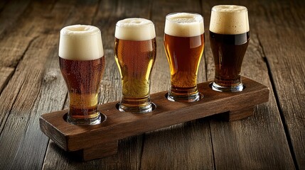 Three glasses of craft beer on a wooden table showcasing a microbrewery beer flight tasting experience