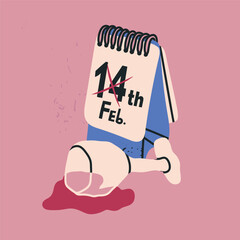 Spilled wine, glass, calendar. Unhappy holiday, anti Valentine's day concept. Non romantic symbol. Hand drawn modern Vector illustration. Isolated design element. Pre- made card 