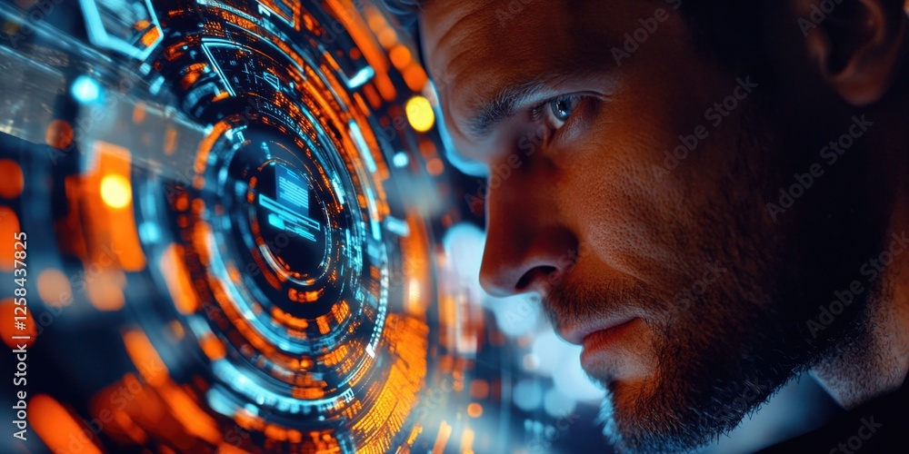 Poster a person studying information on a digital device with illuminated icons