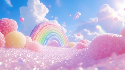 Enchanting Candyland, Rainbow Arch Over Sparkling Pastel Sugar Dunes