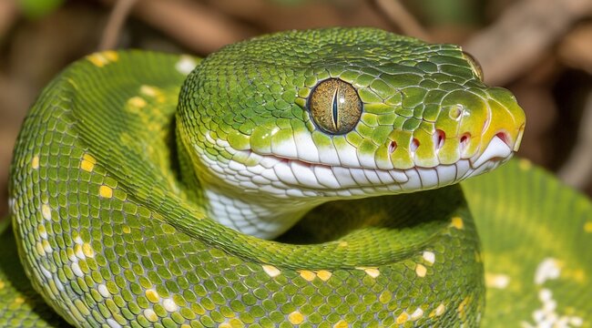Close-up of a green tree python coiled, showing scales and eye detail.