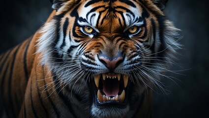 Fototapeta premium Majestic Roaring Tiger with Striking Features, A fierce tiger with vibrant stripes and an intense expression, perfect for wildlife enthusiasts and art projects.