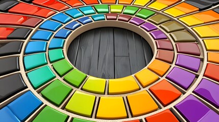 Obraz premium Vibrant Color Wheel with Glossy Tiles on a Dark Wooden Surface