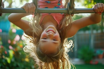 A young girl hangs upside down from a metal bar in an urban environment