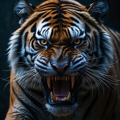 Obraz premium Majestic Roaring Tiger with Striking Features, A fierce tiger with vibrant stripes and an intense expression, perfect for wildlife enthusiasts and art projects.