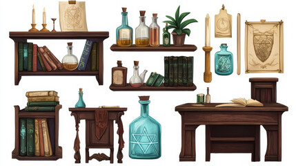 Fototapeta premium Cartoon set of furniture for alchemist room interior design. Vector illustration of wooden desk, chair, shelf with glass potion bottles and flasks, old books, ancient posters, potted plant and candle