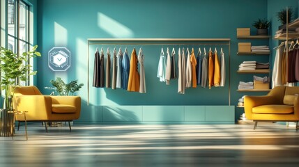 A stylish, modern clothing store interior featuring a vibrant blue wall, hanging garments, and cozy yellow chairs.