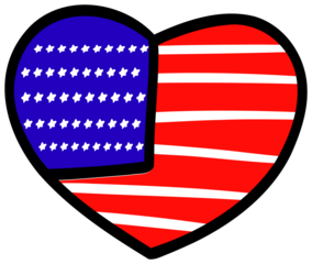 “Hand drawn digital illustration of a heart with an American flag symbol. The flag features red and white stripes, a blue field with white stars, and a bold black outline. This patriotic design is per