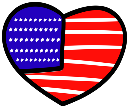 “Hand drawn digital illustration of a heart with an American flag symbol. The flag features red and white stripes, a blue field with white stars, and a bold black outline. This patriotic design is per