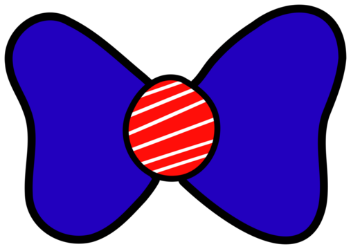 A hand-drawn digital illustration of a patriotic bow tie in blue, red, and white. The bow features a bold black outline, with a solid blue body and a red-striped center, giving it a playful and festiv