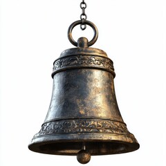 Fototapeta premium Detailed Close-Up of an Antique Bell with Intricate Designs and Metal Finish Hanging from a Chain Against a Plain Background