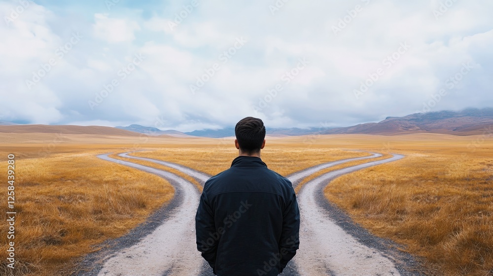Poster businessman is standing at a crossroads in a desolate landscape, contemplating which path to take, s