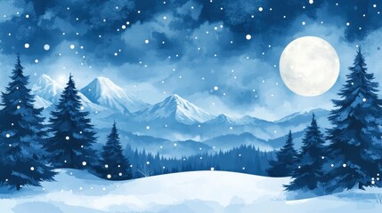 Fototapeta premium Enchanting nightscape with snowfall over the mountains and forest