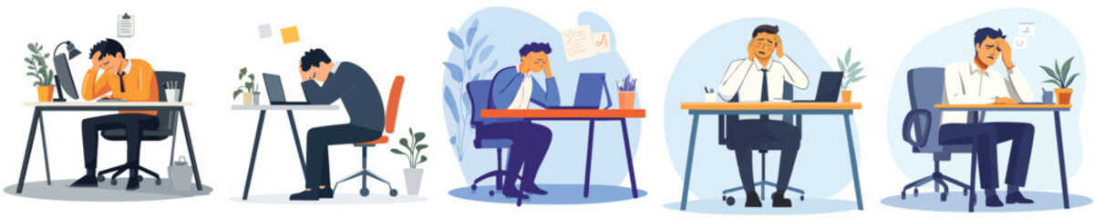 Stressed office man sitting in table with laptop and plant with white backdrop, Generative AI.