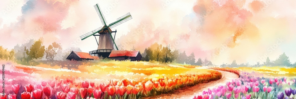 Poster Vibrant watercolor illustration of tulip fields with windmill in spring setting. Generative AI