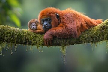 Obraz premium Red howler monkey mother and baby sleeping peacefully on a moss-covered branch in a lush rainforest.
